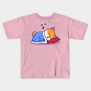 Cute Shiba Inu Dog Sleeping With Pillow And Blanket Cartoon Kids T-Shirt